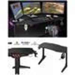 Bureau Gaming tapis intégral LED RGB 140 x 60 Grand Bureau Gamer avec Plateau en BOIS MDF Noir + LEDS RGB + Porte-gobelet +Support