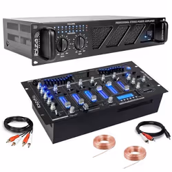 Pack DJ Sono Ampli Ibiza Sound AMP800-MKII 960W - Table Mixage Bluetooth DJM102-BT USB Jack XLR - Câbles RCA Jack enceintes i ...