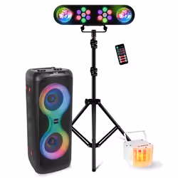 Pack Enceinte sur batterie Bluetooth Active 700W USB SD TWS Ibiza COLUMBA700 - Pied Lumière DJ - Jeu Lumière Derby Disco Soir ...