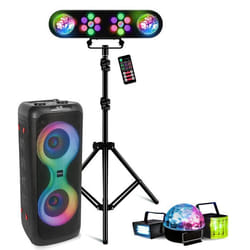 Pack Enceinte Bluetooth sans fil sur batterie 700W USB TWS Ibiza COLUMBA700 - Pied Lumière DJ - Ensemble 3 Effets Lumière LED