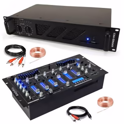 Pack Sono DJ Ampli Ibiza Sound AMP600-MKII 960W - Table Mixage Bluetooth DJM102-BT USB Jack XLR - Câbles RCA Jack enceintes i ...