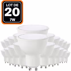 Description générale Lot de 20 ampoules LED GU10 de 7W, équivalent à 40W, offrant un éclairage blanc chaud de 3000K. Ces ampo ...