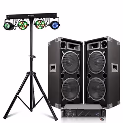 Pack Sono Ibiza 3600W Total - Ampli AMP1000-MKII 2x800W - 2 Enceintes 1000W - Pack 4 Jeux de Lumière DJLIGHT60 - Pied Support