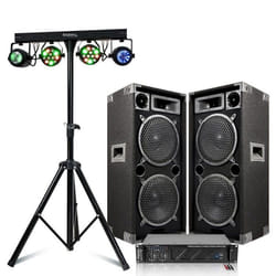 Pack Sono Ibiza 3600W Total - Ampli AMP1000-MKII 2x800W - 2 Enceintes 1000W - Pack 4 Jeux de Lumière DJLIGHT60 - Pied Support