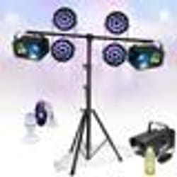 Pack Pied Lumière PARTY LIGHT & SOUND 4 Projecteurs PAR RGB - 2 Jeux Lumières Gobo Astro Strobe - Machine Fumée Liquide 1L Soirée
