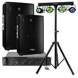 Pack Sono 2800W Total Ibiza - Ampli 2x800W - 2 Enceintes 600W - Pied Support - 4 Jeux de Lumière Projecteurs Moonflower - DJ Mobile