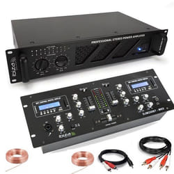 Pack Sono DJ Ampli Ibiza Sound AMP300-MKII 480W - Table Mixage Bluetooth DJM250BT-MKII RCA XLR - Câbles RCA Jack enceintes inclus
