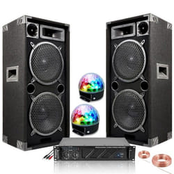 Pack Sono Ibiza 2480W Total - 2 Enceintes STAR210 1000W PMPO - 1 ampli 2x480W AMP300-MKII - 2 Jeux de Lumière Astro