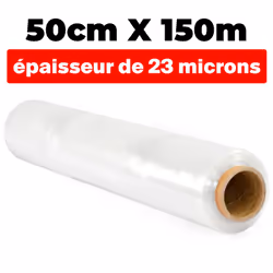 FILM ÉTIRABLE TRANSPARENT 50cmx150m, 95mm de diamètre et épaisseur de 23 microns µ Idéal pour protéger vos colis et palettes  ...