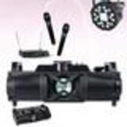 Enceinte Bluetooth LEDS USB SD FM Compacte PARTY-FALCON - 2 Micros Sans Fils UHF - Projecteur PAR 2-en-1 Stroboscope Fête Soirée