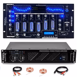Pack Sono DJ Ampli Ibiza Sound AMP1000-MKII 1600W - Table Mixage Bluetooth DJM102-BT USB Jack XLR - Câbles RCA Jack enceintes