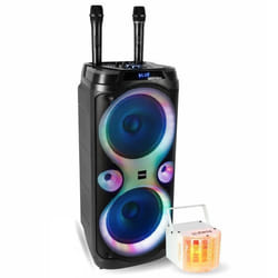 Pack Karaoké Enceinte 1000W USB Bluetooth TWS Ibiza Sound COLUMBA-KARAOKE - 2 Micros Sans Fil - Effet Lumière Derby LED Soirée Fête