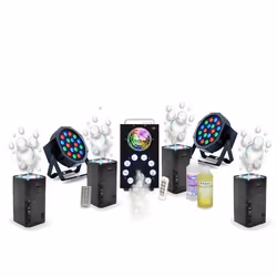 Pack Lumière DJ complet Machine Fumée FOGGY-ASTRO - 2 PAR LED 18 W - 4 machines Bulles LED BUBBLE-DREAM - Soirée Scène Annive ...