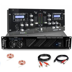 Pack Sono DJ Ampli Ibiza Sound AMP1000-MKII 1600W - Table Mixage Bluetooth DJM250BT-MKII RCA XLR - Câbles RCA Jack enceintes inclus