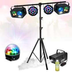 Pack Pied Lumière PARTY LIGHT & SOUND Portique 2 Projecteurs PAR- 2 effets 3 en 1 Astro Gobo Strobo - Machine Fumée Liquide 1L Dj
