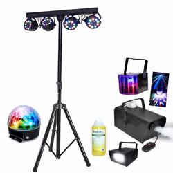 Pack Lumière Pied Support 4 Projecteurs Par - Strobo - Derby - Astro - Machine à fumée avec produit - PA DJ Mobile - Soirée M ...