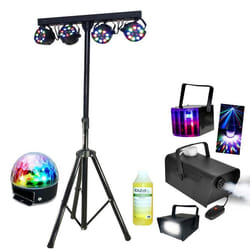 Pack Lumière Pied Support 4 Projecteurs Par - Strobo - Derby - Astro - Machine à fumée avec produit - PA DJ Mobile - Soirée Mariage