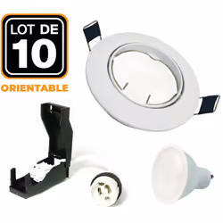 Description générale Ce lot de 10 spots encastrables orientables en blanc est équipé de douilles GU10 et d'ampoules LED de 7W ...