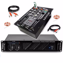 Pack DJ Sono Ampli Ibiza Sound AMP1000-MKII 1600W - Table Mixage Bluetooth DJM150USB-BT USB Jack - Câbles RCA Jack enceintes  ...
