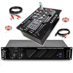 Pack DJ Sono Ampli Ibiza Sound AMP1000-MKII 1600W - Table Mixage Bluetooth DJM150USB-BT USB Jack - Câbles RCA Jack enceintes inclus