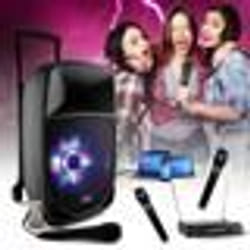 Pack Karaoké PARTY-8LED Enceinte Bluetooth Nomade 300W USB SD FM MP3 - 2 Micros Sans Fils UHF Soirée Fête Musique Cadeau Discours