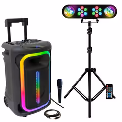 Pack Karaoké Enceinte Bluetooth Autonome USB Portable TWS 800W Ibiza MOBILE800 - 1 Micro - Pied Lumière 2 Projecteurs PAR 2 A ...
