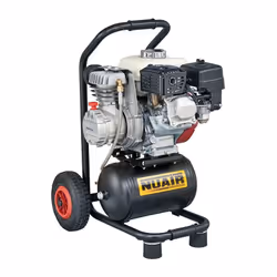 Compresseur d'air à piston automne NUAIR avec moteur thermique essence HONDA de 4 CV. Monté sur roues, il est destiné à une u ...